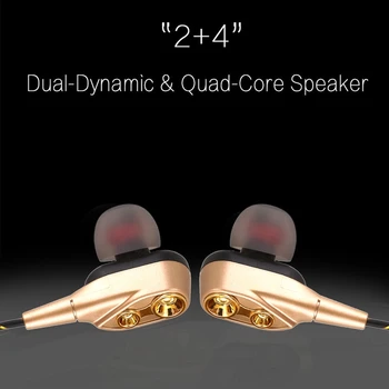 Vroče 3,5 mm HiFi Žične Slušalke Dual-Dinamično Quad-core Zvočnik V uho čepkov Prožni Kabel Anti-zaviti HD z Mikrofonom(Zlato)