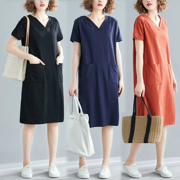 Obleka Ženske Poletje Svoboden korejska Različica Dolgo Plus-size Obleko Trdna Žep Proti-vrat Hujšanje Oversize Kratka sleeved Obleko
