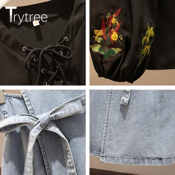 Trytree 2021 Pomlad Poletje Dva kosa iz Priložnostne Vezenje Puff Sleeve Majica + Pasu Jeansa Mini Krilo Urad Dama Sklop 2 Kos