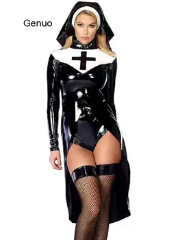 Devica Marija Kostum Cosplay Black Latx Ženske Usnje Nuna Halloween Kostumi za Ženske Fancy Stranka Obleko z Šal Obleko