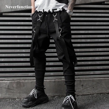 Nove Moške črne osebnost Traku Joggers Harem Tovora Hlače Modni Ulične Mens Hip Hop Slim fit Priložnostne Sweatpants hlače
