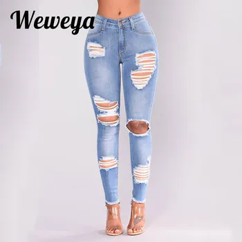 Weweya Jeans Ženska Luknjo Raztrgala Za Ženske Traper Hlače Stretch Belilo Plus Velikost Skinny Jeans Za Ženske Hlače Pantalones Mujer