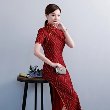 Novo Čipke Cheongsam Ženske tradicionalno kitajsko obleko Elegantno Kratek Rokav, Dolge Ženske Cheongsam XL Kitajski Stojalo Ovratnik Qipao Krilo