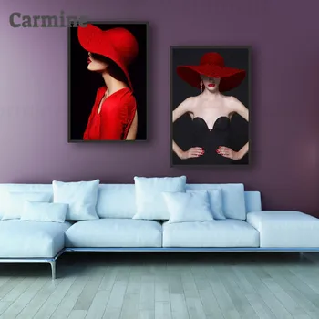 Morden Moda Seksi Dama Platno Slikarstvo Red Hat Mlade Lepote Plakatov in Fotografij Dolgo Obleko Rdeče Ustnice Plakat Dekoracijo za Dom