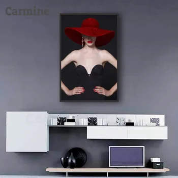 Morden Moda Seksi Dama Platno Slikarstvo Red Hat Mlade Lepote Plakatov in Fotografij Dolgo Obleko Rdeče Ustnice Plakat Dekoracijo za Dom