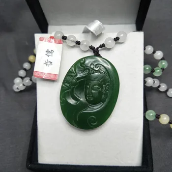 Pošlji Nacionalno Potrdilo o inšpekcijskem Pregledu Naravnih Hetian Biyu Carving Zelena Guanyin Obesek Tri-color Jadeit Noge Ogrlica