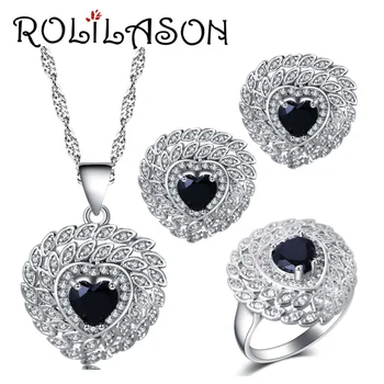 ROLILASON v obliki Srca oblikovanje Nakita Kompleti za ženske črna cirkon srebrni Uhani, Ogrlica Obroči ZDA velikost #6#7#8#9#10 JS729