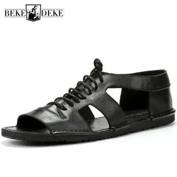 Mens Poletje Rimu Priložnostne Čevlji Oblikovalec Black Strani Angliji Retro Čipke Pravo Usnje Gladiator Sandali Open Toe Plaži Sandali