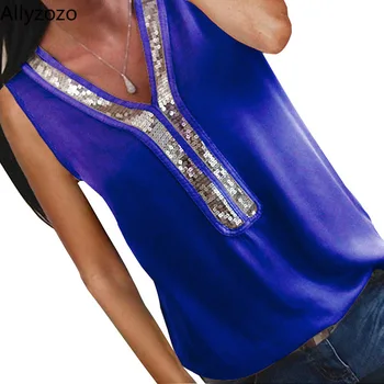 Allyzozo Ženske Poletje Bleščica Mozaik Šifon Bluzo Srajce Ulične Priložnostne Modra Majica Vrhovi Oblačila Plus velikost 5xl