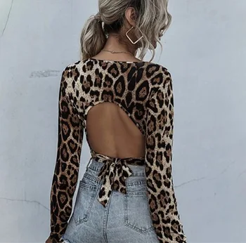 V Vratu Seksi Leopard Tshirts Ženske Votlih Iz Čipke Rave Klub Ulične Crop Tops Nov Modni Y2K 90. letih Majice Bodycon