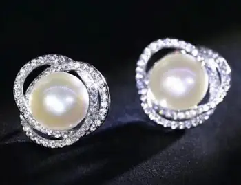Brezplačna dostava>>>>oplemenitena nakit AAA naravno bela Sladkovodnih 9-10 mm FW pearl 925s stud uhani