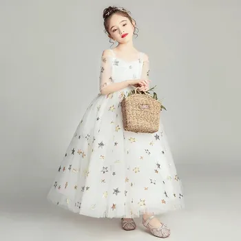2019Spring Poletje Beli Otroci, Dekleta, Poroka, Rojstni dan Princesa Dolgo Zabuhle Obleko Otroci Teens Elegantno korejski Sweet Oblačenja