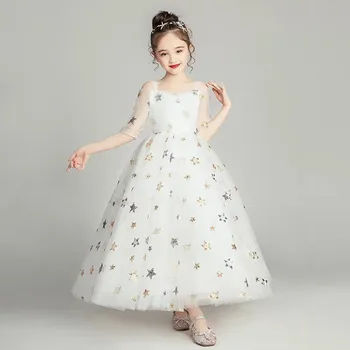 2019Spring Poletje Beli Otroci, Dekleta, Poroka, Rojstni dan Princesa Dolgo Zabuhle Obleko Otroci Teens Elegantno korejski Sweet Oblačenja