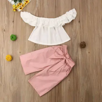 Poletje Malčka Otroci Baby Dekleta Princesa Off Ramenski Ruffles Bluzo Obreži Zgoraj Lok Hlače, Obleke, Oblačila, Ki