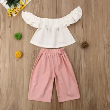 Poletje Malčka Otroci Baby Dekleta Princesa Off Ramenski Ruffles Bluzo Obreži Zgoraj Lok Hlače, Obleke, Oblačila, Ki