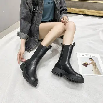 Dame Gleženj Škornji Pozimi Topli Mode Chelsea Škornji Krog Toe Usnje Črna Britanski Stil Povečala Gležnjev Škornji Ženske Čevlje