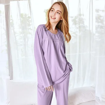 Qianxiu Ženske Jeseni Bambusa Vlaken Pajama Nastavite Čipke Preplete Dolg Rokav Pyjama Ženska Barva Udobno Pyjama Femme