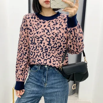 Ženske nositi novo okrogle ovratnik leopard svoboden dolgimi rokavi, puloverji za ženske, ženska zimska oblačila 2020