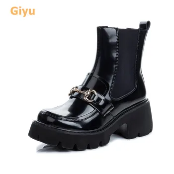 Giyu 2020 jeseni nov modni Debel, spodaj Kratek čevlji Pravega Usnja, Okroglo glavo, Ženske škornji