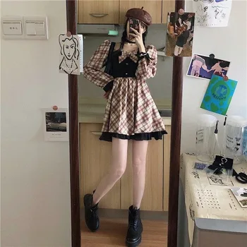 Gothic Lolita Obleko Ženske Kariran Kawaii Lok Stranke Mini Obleka Ruffles Letnik Japonske, koreje Sweet Oblačenja New 2020 Žensk Jeseni