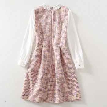 2021 Pomlad Novo Čipke River Dolg Rokav Mozaik Roza Tweed Moda Počitnice Srčkan Elegantno Mini Obleka