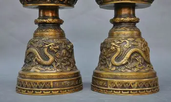 Stari Kitajski Čisto bronasti zmaj igrajo noge Kip svijećnjak Svečnik Par
