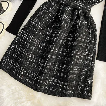 Francoski stil retro moda Obleko Dame tweed slim mid-dolžina waistcoat Nastavljiv pas obleko + črna slim plesti dvodelne Ženske