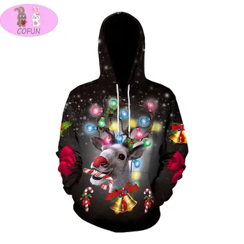 COFUN 2020 Božič Oblačila Roman Mačka Jelena 3D Tiskanih Kapičastih Pulover Sweatershirt Priložnostne Plus Par Obleko