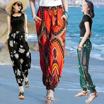 HStar 2020 pomlad Prugasta navpično asimetrične Boho hipi šik plaži bohemian femme širok noge hlače ženske hlače ženske