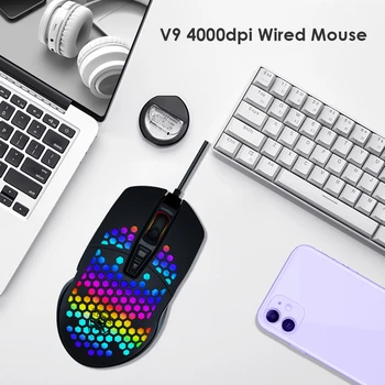 V9 USB Žična Optična Gaming Miška 4 Prestave 4000DPI Nastavljiva Osvetlitev 7 Gumbi Votlih Ergonomska Miši Igre, Delo z Miško