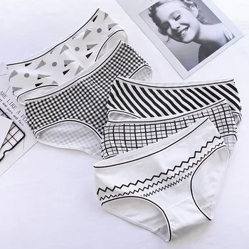 ženske bombaž črna z belo črto kariran risanka tiskanja pismo, spodnje perilo spodnjice brez hlačnic dihanje hlačke dekle spodnjice