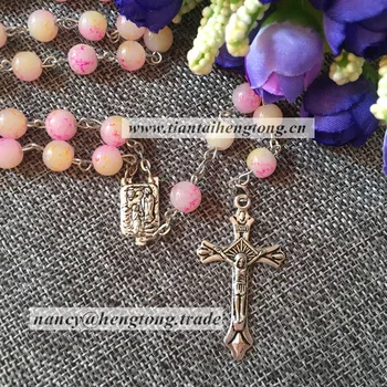 8 mm steklena ogrlica, roza, rumene kroglice, antique silver mdal križ, rožni venec,