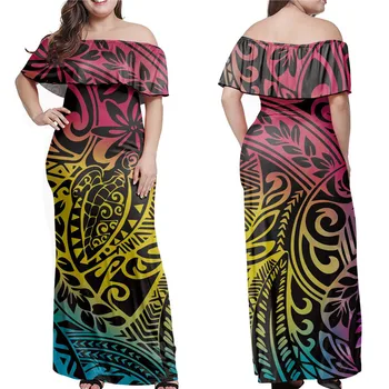 Doginthehole Gradient Barvo Off Rami Obleko ženska Moda in Ženske Samoa Plemenskih Tiskanja Večplastna Ruffle Kratek Rokav Stranke Obleke