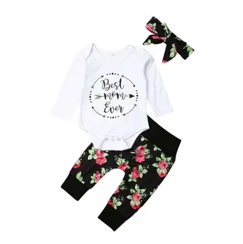 Otroška Oblačila Bombaž Newborn Baby Dekle najboljša mama celo Pismo Romper Cvetlični Hlače+Glavo 3PCS Obleko Set