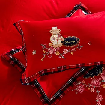 4/7pcs Rdeče Luksuzni poročni kompleti posteljnine zlate Vezenine posteljo nastavite kraljica kralj velikost rjuhe kritje bedspread nastavite prevleke