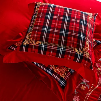 4/7pcs Rdeče Luksuzni poročni kompleti posteljnine zlate Vezenine posteljo nastavite kraljica kralj velikost rjuhe kritje bedspread nastavite prevleke