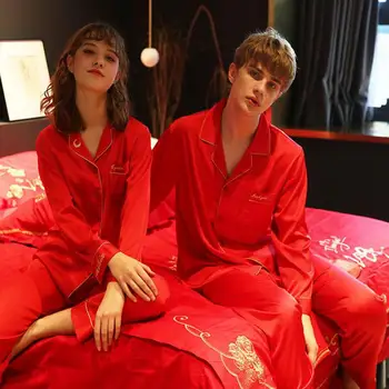 Nekaj 2PCS Pižamo bo Ustrezala Priložnostne Saten More Svilnato Sleepwear Domov Oblačila Mehko Moških srajc&Hlače Ženske Pižame Nightgown