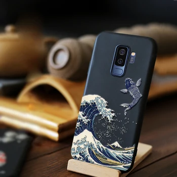 Za Samsung S8 S9 S10 Plus Primeru Luštna 3D Emboss Japonski Morje Val Mat Mehki Silikon tpu Zaščitna Črn Telefon Hrbtni Pokrovček Coque