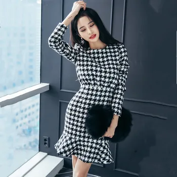 2020 Korejska Različica Jeseni In Pozimi High-End Novo Temperament Houndstooth Fishtail Slim Obleko