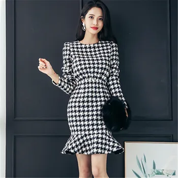 2020 Korejska Različica Jeseni In Pozimi High-End Novo Temperament Houndstooth Fishtail Slim Obleko