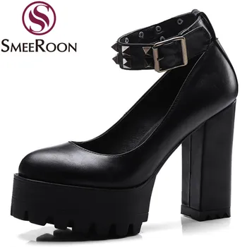 Smeeroon velika velikost 34-42 moda pomlad nove čevlje, ženska krog toe plitvo platformo debele visoke pete, čevlji sponke maturantski čevlji ženske