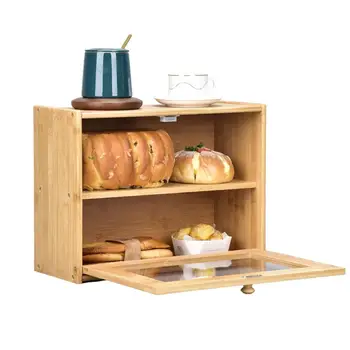 Multi-funkcijski Dvojno Plast Kmečko Bambusa BreadBox z Jasno Prednje Okno Kruh za Shranjevanje Hrane za Kuhinjskem Pultu