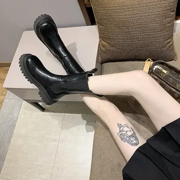 Pozimi Mid-Tele Škornje Dame Platformo Ženske Čevlje 2020 Moda Toplo Krog Toe Ravno s Chelsea Čevlji Dame Čevlji Botas Mujer