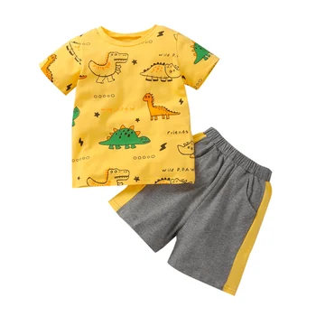 2Pcs Modi Malo Fantje, Obleko, Poletje Toddlers Okrogle Ovratnik Dinozaver Tiskanje Kratek Sleeve Zgornji del + Priložnostne Hlače
