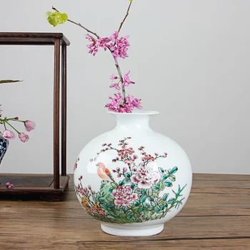 Kitajski Doma Dekoracijo Namizni Keramični Ptica Cvet Vazo Jingdezhen Starinsko Famille Rose Porcelanasta Vaza