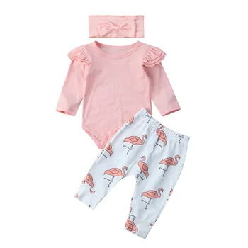 Srčkan Novorojenega Dojenčka Baby Dekle Fantje Oblačila Romper, ki Plujejo pod Rokav Vrhovi + Dolge Hlače Flamingo Glavo 3PCS Oblačila, ki Obleke