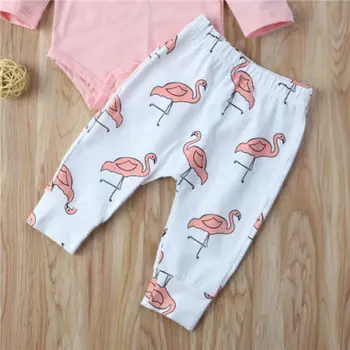 Srčkan Novorojenega Dojenčka Baby Dekle Fantje Oblačila Romper, ki Plujejo pod Rokav Vrhovi + Dolge Hlače Flamingo Glavo 3PCS Oblačila, ki Obleke
