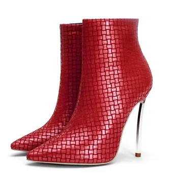 Arden Furtado 2018 pomlad jesen stilettos gingham gleženj čevlji z visokimi petami 12 cm konicami prstov rdeče rjava ženske čevlje velikih velikosti 43