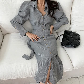Francoski stil elegantno kariran beloprsi singl obleka ženske river puff rokav slim visoko wasit dolga obleka s pasom