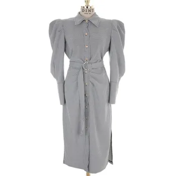 Francoski stil elegantno kariran beloprsi singl obleka ženske river puff rokav slim visoko wasit dolga obleka s pasom